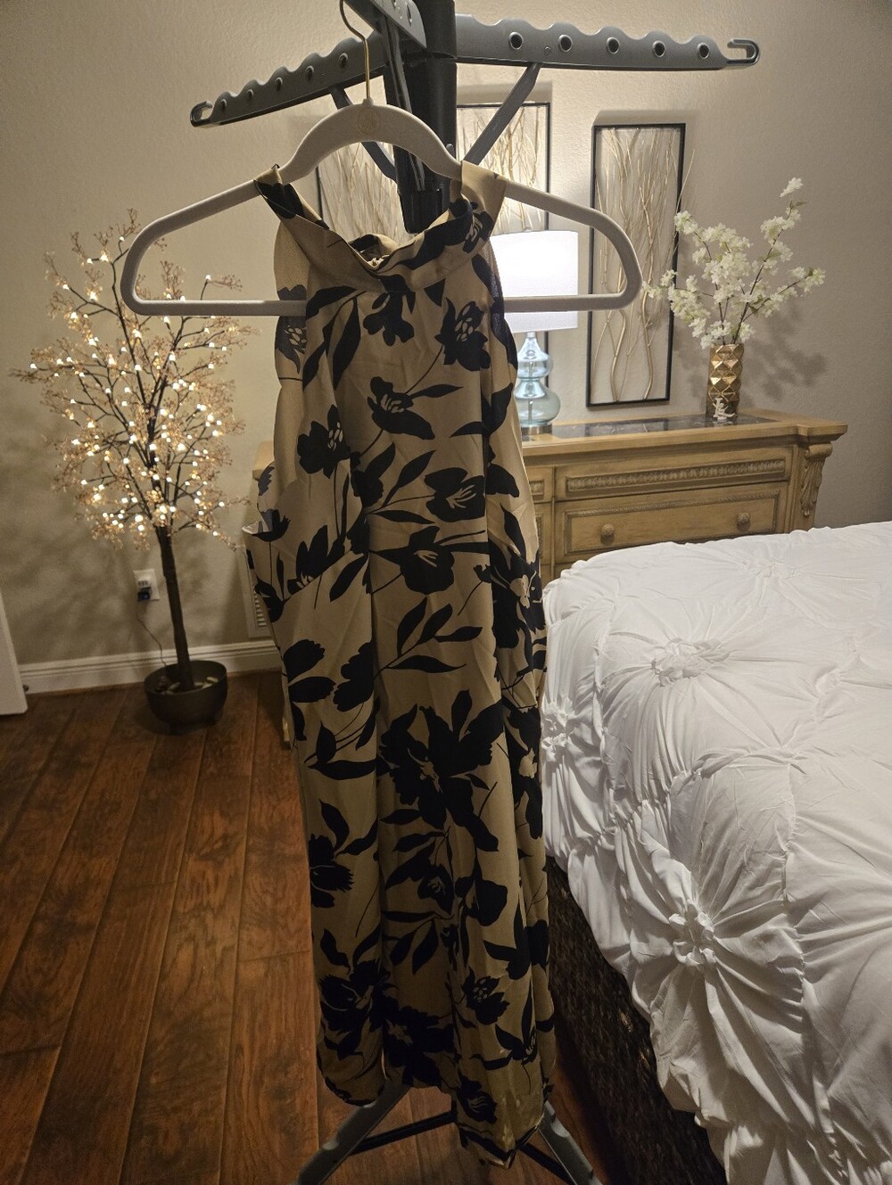 SHEIN Beige Maxi Dress with Black Floral Print